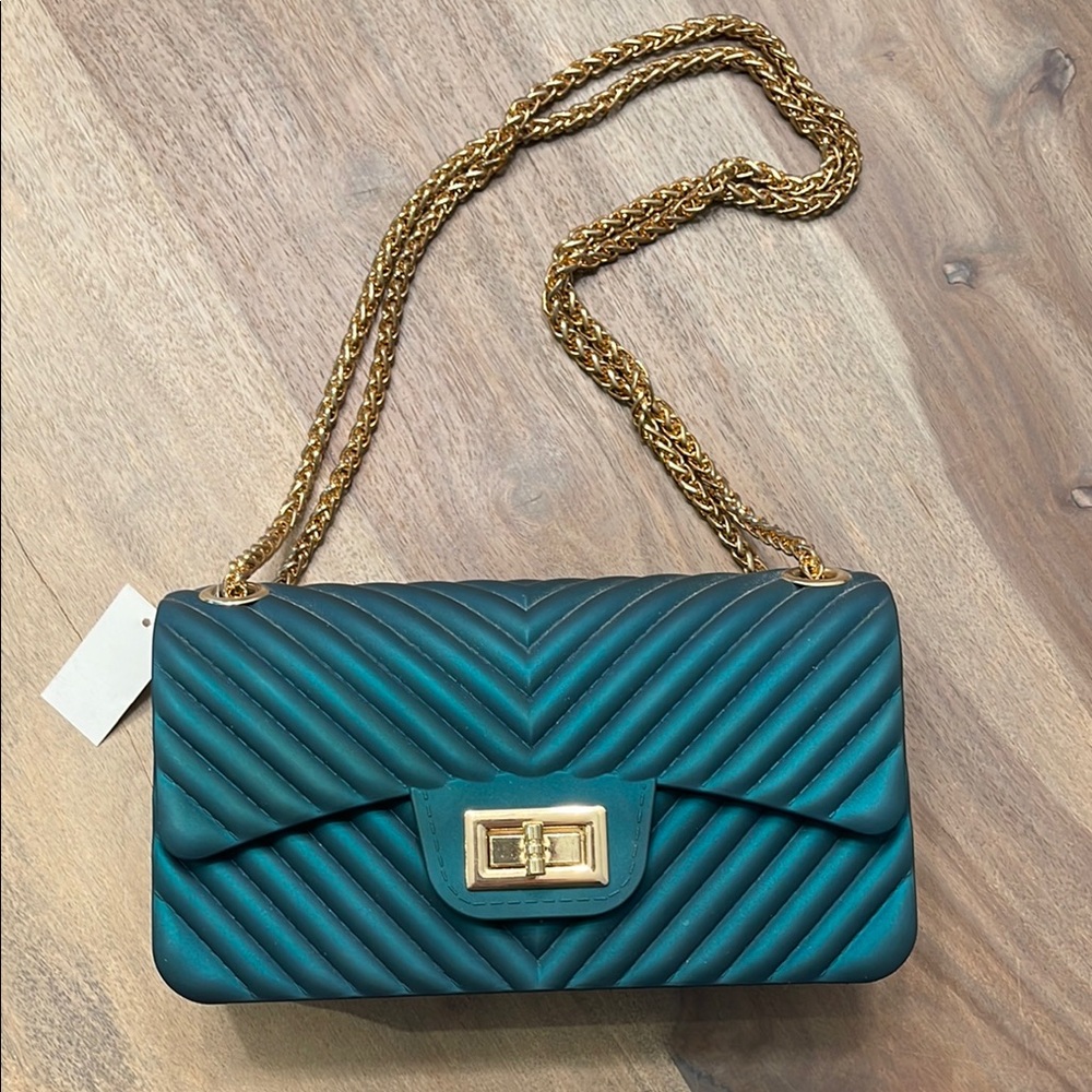 Elegant Teal Quilted Shoulder Bag with Gold Chain Straps